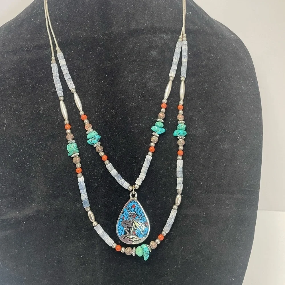Vintage 1970s Zuni Navajo style nickel silver faux turquoise 2 strand necklace